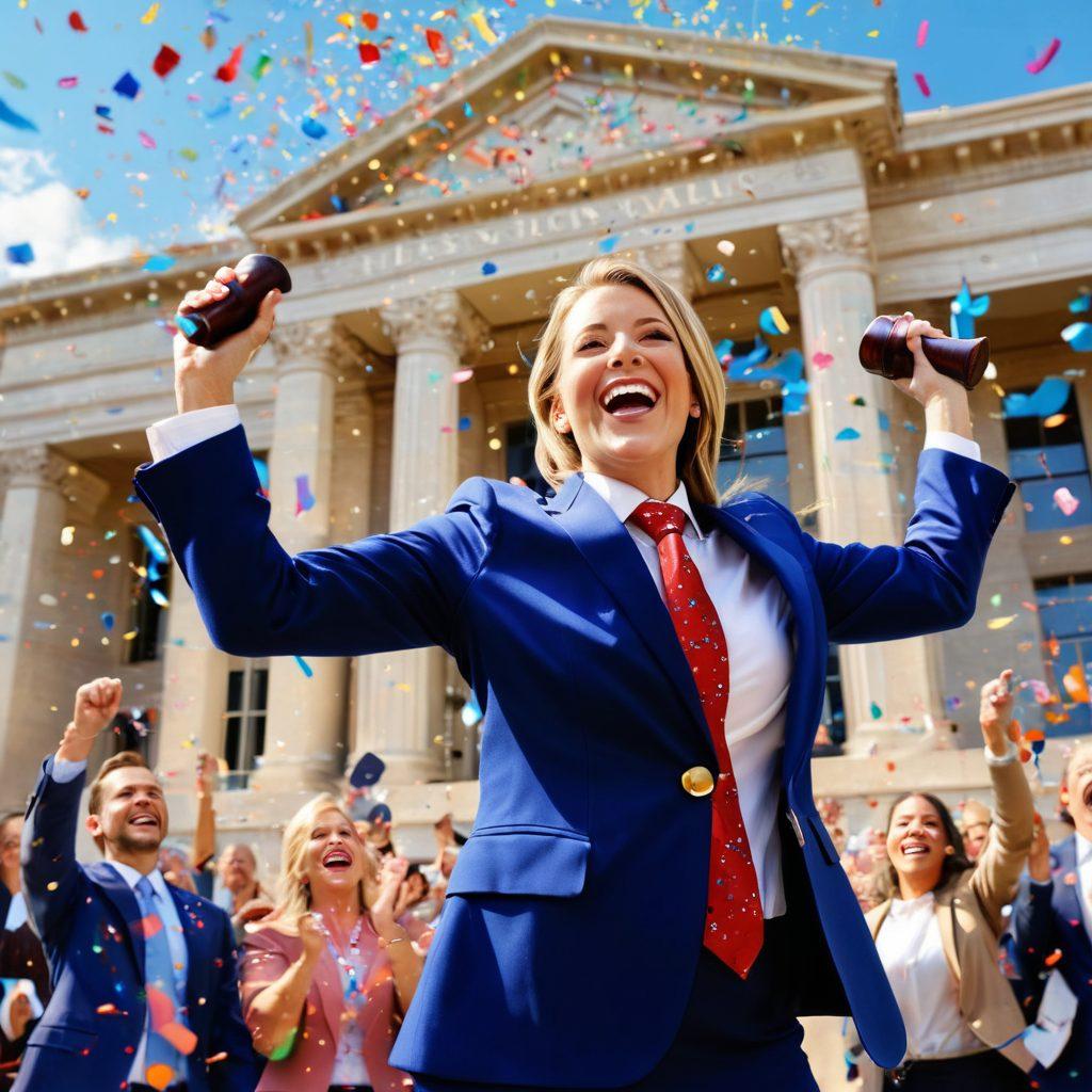 A cheerful Texas attorney standing in front of a lively courthouse, surrounded by clients expressing joy and relief, with vibrant confetti falling around them. The attorney is holding a gavel high, symbolizing positive change in legal experiences. The scene includes bright Texas sun and blue skies in the background, creating an atmosphere of celebration. super-realistic. vibrant colors. 3D.