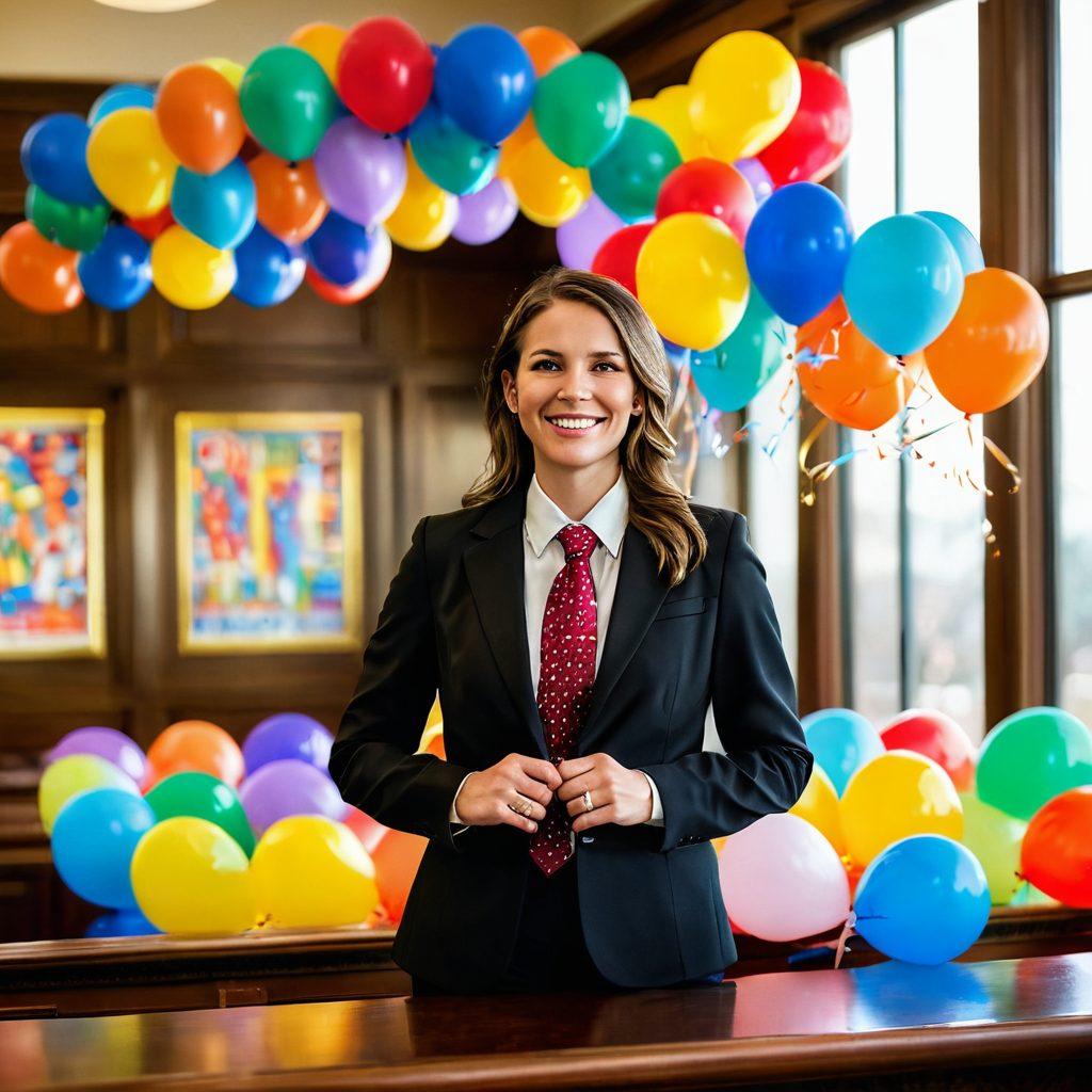 A joyful Texas attorney standing confidently in a vibrant courtroom, surrounded by colorful balloons and celebratory banners symbolizing legal excellence. The attorney is interacting with happy clients, highlighting a blend of professionalism and warmth. Sunlight pours in through large windows, illuminating the scene with a golden glow, creating an inviting atmosphere. super-realistic. vibrant colors.