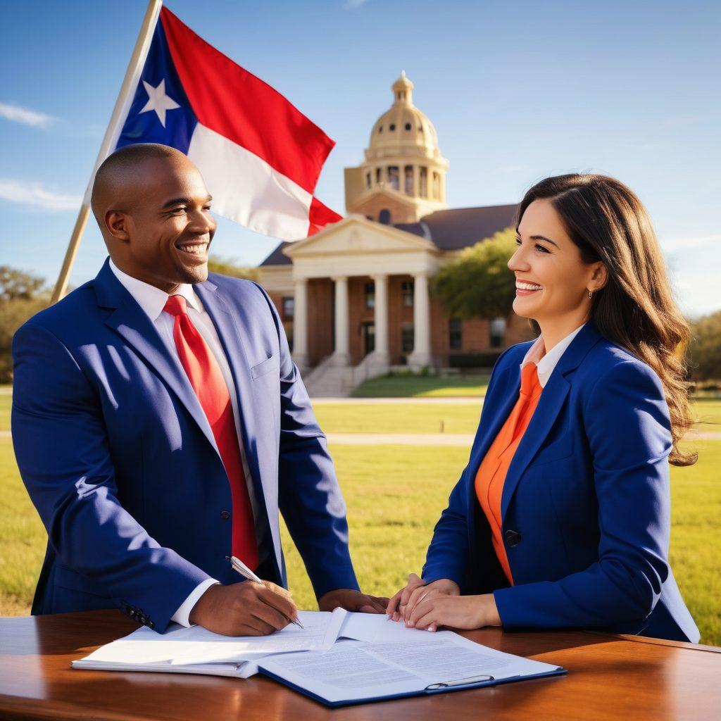 A vibrant scene showcasing cheerful Texas attorneys engaging with clients, set against a colorful Texas landscape. The attorneys, dressed in professional attire, are smiling and interacting positively, symbolizing trust and support. Include elements like the Texas flag, a courthouse in the background, and warm sunlight illuminating the scene. The overall mood should be uplifting and welcoming, highlighting the positive impact of legal support in the community. super-realistic. vibrant colors. upbeat atmosphere.